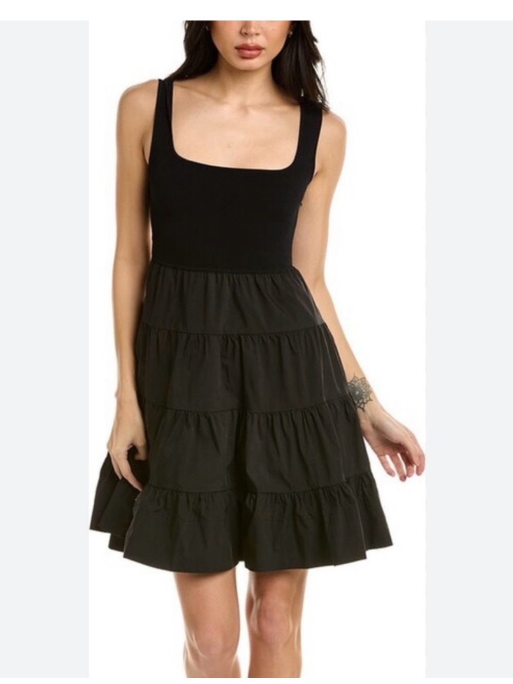 Tanya Taylor Nevaeh Black Square-Neck Tiered Mini Dress. XL